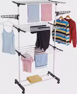 Varal De Chão 3 Andares Grande de Roupas Dobrável Regulável Retrátil com Rodinhas e Ganchos Compacto (PRETO)