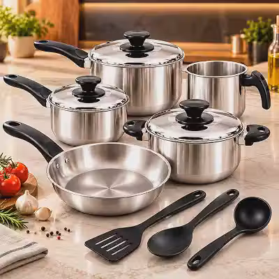 Jogo de Panelas Alumínio 11 Peças com Tampas + Frigideira + Kit de Utensílios, Revestimento Antiaderente, Cabos Ergonômicos, Fácil Limpeza, Compatível com Fogões a Gás e Elétrico Polido