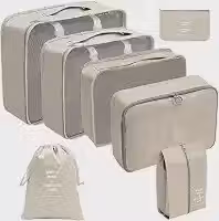 Organizador Viagem Kit 7 Peças - Necessaire para Bagagem Malas Roupas Bolsa Cosméticos Higiene - Dobrável Impermeável Multiuso Feminina Masculina Unissex Grande Compacto Prático (BEGE)