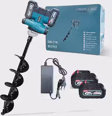 Perfurador de Solo Elétrico a Bateria 21V, 1200W, 600-1800 RPM, 2 Baterias de Lítio e Carregador, Broca Helicoidal 80cm