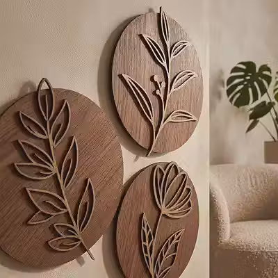 Kit 3 Quadros Decorativos MDF Folhagens Vazadas – Painel de Parede Moderno com Folhas Botânicas para Sala, Quarto, Escritório e Ambientes Internos