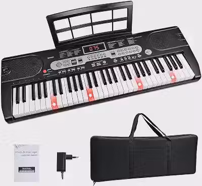 VEDO Teclado Musical, 61 Teclas Retroiluminado Semipesadas, 100 Tons, 100 Ritmos, 10 CançõEs de DemonstraçãO, Adaptação Acordes, com Estante de Partitura e Bolsa, Adequado Para Iniciantes, Preto