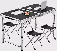 BEMMY Mesa Dobravel Portatil de Liga de Alumínio 120CM com 4 Banquinhos Pequenos, Escrivaninha Dobravel Maleta para Camping Pesca Jardim Área Externa Ou Interna