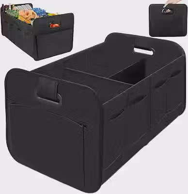 60 * 35 * 30.5 cm Organizador Porta Malas Carro Dobrável Impermeável com Alça, Divisórias e Bolso Externo, Organizador Portátil de Armazenamento para Automóveis, Baú Multiuso para Veículos