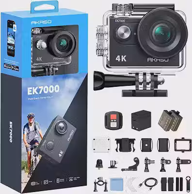 AKASO Câmera de ação EK7000 4K30FPS 20MP Ultra HD câmera subaquática 170 graus grande angular 98FT à prova d'água suporta microfone externo