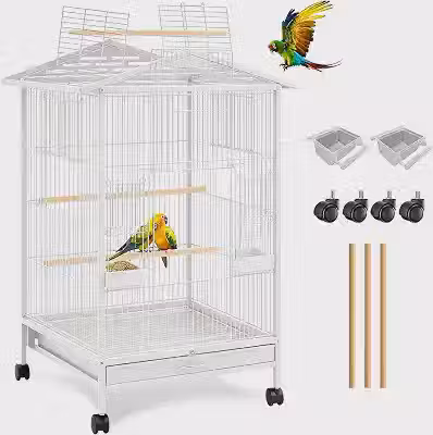 MBOX Gaiola para Pássaros 97x46x46cm Rodízios 360°, Bandeja Removível, Acessórios (3 Poleiros, Comedouro, Bebedouro) – Gaiola para Calopsita, Periquito, Aves Pequenas – Ferro Anticorrosivo (Branco)