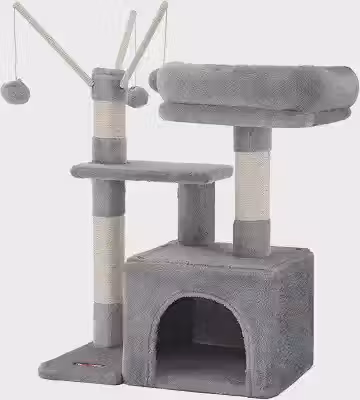 Feandrea Torre para Gato, Árvore com Poste de Sisal e Pelúcia Macia, Arranhador para Gatos com Caverna e Bolas, Cinza Claro, 52 x 33 x 72 cm, BRPCT121W01