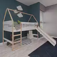 Cama Cabana Infantil Elevada com Escorregador Arredus Madeira Maçica/MDF Branco/Natural