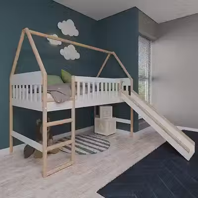 Cama Cabana Infantil Elevada com Escorregador Arredus Madeira Maçica/MDF Branco/Natural
