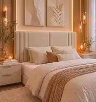 Exclusivo Painel Cabeceira Estofada Modulada Almofadada para Cama Box Casal Queen, 1.60m, Bege, Suspensa, Decoração de Quarto