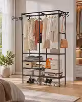 Arara de Roupas Dupla com Prateleiras Organizador de Quarto Cabideiro Duplo Multiuso Sapateira Estante Organizadora para Roupas Bolsas Sapatos e Acessórios 107x36x173cm
