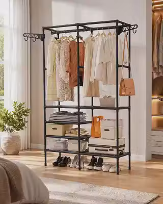 Arara de Roupas Dupla com Prateleiras Organizador de Quarto Cabideiro Duplo Multiuso Sapateira Estante Organizadora para Roupas Bolsas Sapatos e Acessórios 107x36x173cm