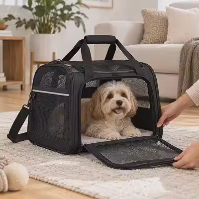 Bolsa Dobrável para Gatos e Cães até 11kg com Tela (Preto)