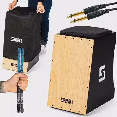 Cajon Eletroacústico com Capa Protetora, par de Vassourinha Profissional e Cabo P10 (Natural)