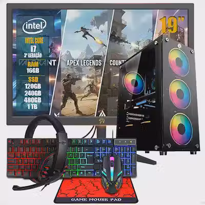 PC Gamer Completo Intel Core i7 4ª Geração, Opções 16GB RAM, SSD 1TB, Windows 11, Monitor LED 19,Teclado e Mouse Gamer, HeadSet
