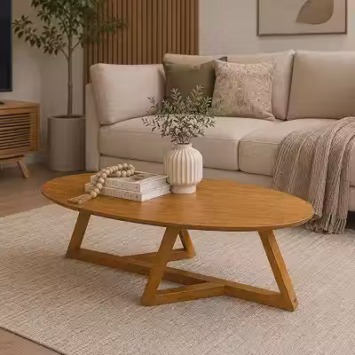 Mesa de Centro Charmosa Tampo Oval Oblonga Decoração Revistas para Sala de Estar ou Recepção Hall de Entrada com Pés Trançados em Madeira Taeda Oslo