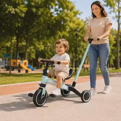 Triciclo Infantil Evolutivo 5 em 1 MSP Kids com Haste Empurradora, Bicicleta de Equilíbrio, Pedais Removíveis, Assento Ajustável, Rodas em EVA e Rolamentos, Verde
