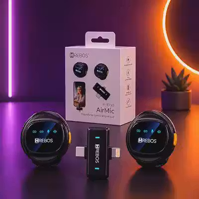 Microfone Lapela Sem Fio Duplo 2 Mics Redução Ruído USB-C iPhone Android PC