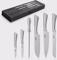 Jogo de Facas Profissional 6 Peças Premium TENDEN – Conjunto de Facas de Cozinha Aço Inox 3Cr13. Kit com Faca Chef 8', Santoku 7', Pão 8', Multiuso 5', Precisão 3,5' + Chaira, Caixa Magnética Presente
