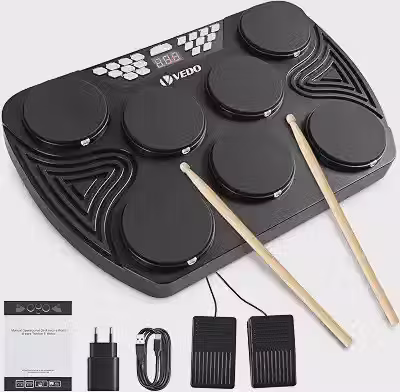 VEDO Bateria Eletrônica Portátil 7 Pads, 16 Kits de Som, 30 Músicas de Demonstração, Bateria 1800mAh + Fonte AC, Sensibilidade à Velocidade, Gravação/Reprodução, LED, USB MIDI, Preto