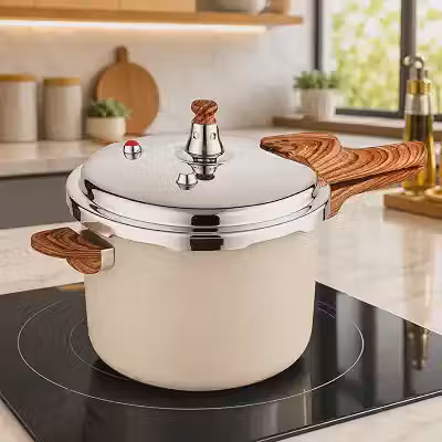 Panela de Pressão 4,2L com Revestimento Cerâmico Antiaderente, Fundo de Indução, Tampa em Aço Inox, Cabo Amadeirado e Sistema de Segurança