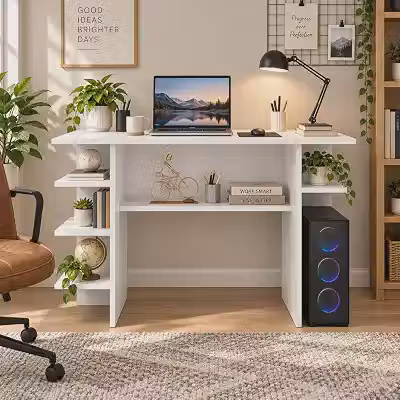 Mesa Gamer Nexus Station para PC com Prateleiras Laterais e Nicho, Escrivaninha para Setup Gamer e Home Office Branco