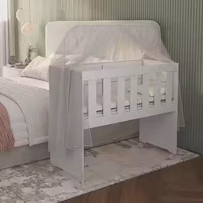 Mini Berço 5 em 1 100% MDF Moisés Montessoriano Grade Bebê Recém Nascido Com Mini Colchão D18 Incluso Aste Mosqueteiro Função Co-sleeping Cama Casal Quarto Estilo Americano Com Rodízio Trava