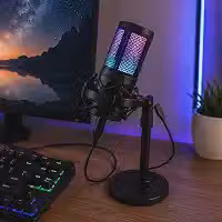 Microfone Condensador USB RGB Gamer Profissional com Monitoramento P2, Plug and Play para PC, Streaming, Podcast e Lives, Alta Sensibilidade, Controle de Luz, Microfone de Mesa para Jogos e Gravação