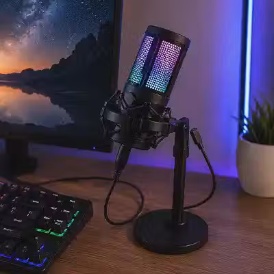Microfone Condensador USB RGB Gamer Profissional com Monitoramento P2, Plug and Play para PC, Streaming, Podcast e Lives, Alta Sensibilidade, Controle de Luz, Microfone de Mesa para Jogos e Gravação