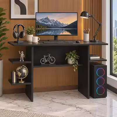 Mesa Gamer Nexus Station para PC com Prateleiras Laterais e Nicho, Escrivaninha para Setup Gamer e Home Office Preto