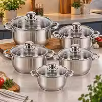 Jogo De Panelas 5 Peças Aço Inox Cirurgico Com Tampa De Vidro