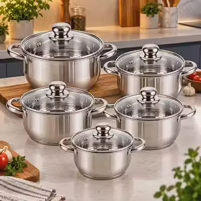Jogo De Panelas 5 Peças Aço Inox Cirurgico Com Tampa De Vidro