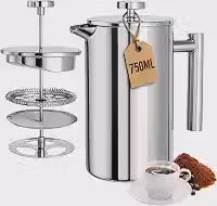 Cafeteira Prensa Francesa Inox 750ml Filtro de 3 Camadas e Parede Dupla