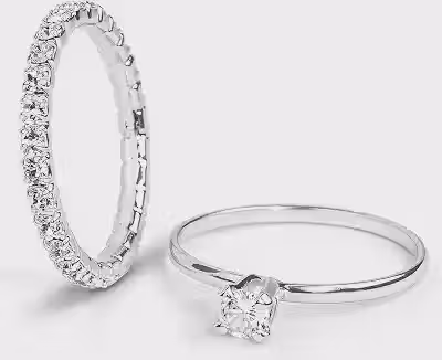 Kit 2 Anéis Femininos Banhado a Prata Solitário Zircônia Cristal e Aparador Cravejado Strass Hipoalergênico Elegante