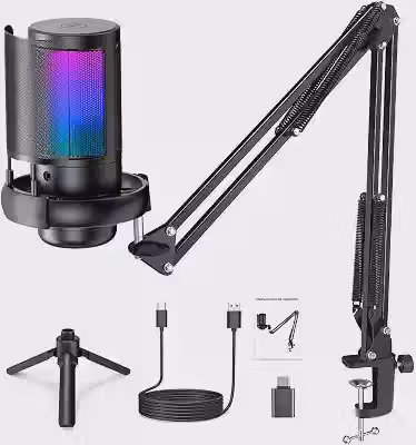 Microfone USB Gaming PC, Microfone RGB para PC/Notebook, Mic with Boom Arm, Microphone Condensador de mesa/Braço, Live, Podcast, Gravação de Audio, Karaoke, Gamer Youtuber DJ.