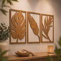 Trio Quadro Vazado Folhas Decorativo Parede Sala Quarto MDF Moderno 90X40CM