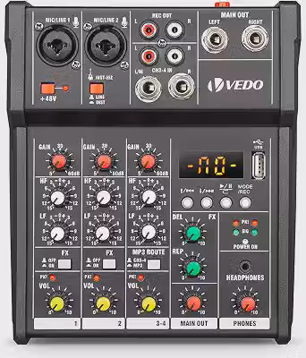 Mesa de Som Profissional VEDO 4 Canais com Fonte Fantasma +48V, Bluetooth, USB, Gravação, Equalizador de 2 Bandas, Áudio Baixo Ruído para Live, Estúdio e Shows
