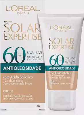 L'Oréal Paris Solar Expertise Antioleosidade, Protetor Solar Facial com FPS 60, 12h de Efeito Matte com Ácido Salicílico, Cor 1.0, 40g