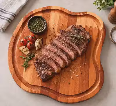 Tábua de Carne Rústica em Madeira Eucalipto 40x37 cm, Antiderrapante com Canaleta para Gordura – Ideal para Churrasco e Mesa Posta