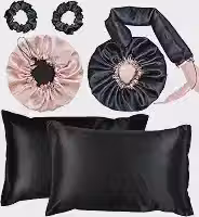 Kit Touca Difusora Dupla + Touca Dormir + 2 Fronhas + 2 Xuxinhas (Preto/Champagne)