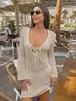 Saída de praia feminina de crochê com gola V profunda