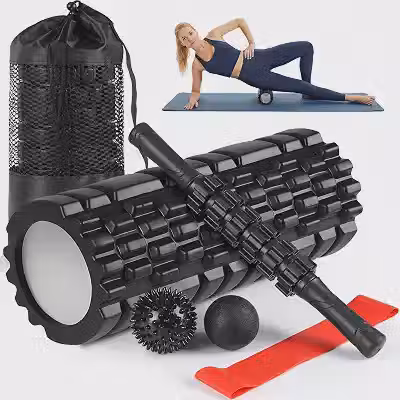Kit Rolo De Liberação Miofascial 5 Em 1 Foam Roller, Rolo Massagem Liberação Miofascial com Bastão, Rolinho, Faixa de Alongamento, 2 Bolas de Massagem e Sacola de Transporte