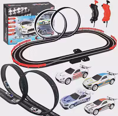 AGM MASETCH Conjunto de Pista de Corrida de Carros Slot com 4 Carros Slot Exclusivos, Pista de Carro a Bateria ou Elétrica, Brinquedos de Presente para Meninos e Meninas de 4 a 12 Anos.