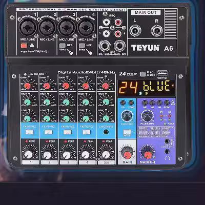 TE-YUN Mesa de Som Profissional 6 Canais | Mixer de Áudio com Bluetooth 5.0, USB, Entrada FX e 48V Phantom Power | Compatível com PC, Microfone, Instrumentos, Estúdio