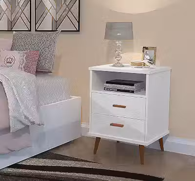 Mesa de Cabeceira em MDF/MDP – Luxo com 02 Gavetas e Nicho – Móvel Auxiliar para Cama Box (BRANCO)