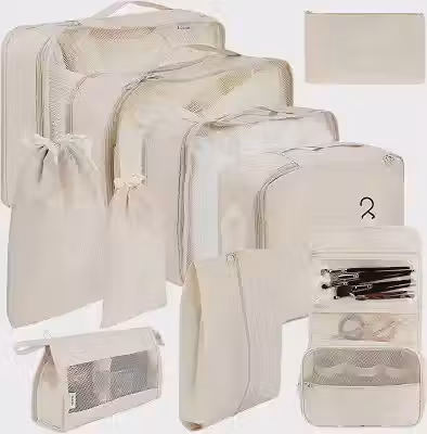 Necessaire Feminina Organizador de Malas para Viagem: KIT 7/10 de Organização - Inclui Bolsa Organizadora-Organizadores de Bagagem para Viagem (Bege-10 peças)