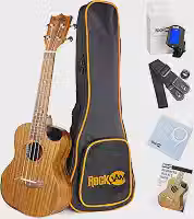 RockJam Kit de ukulele tenor premium com sintonizador, bolsa para gig, alça, palhetas e cordas sobressalentes, 4, direita, natural, completo (RJUK-712T-N)