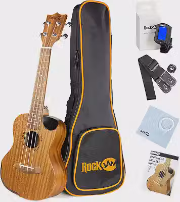 RockJam Kit de ukulele tenor premium com sintonizador, bolsa para gig, alça, palhetas e cordas sobressalentes, 4, direita, natural, completo (RJUK-712T-N)