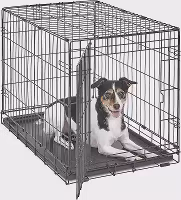 New World Caixa de metal dobrável de porta única para cães de 76 cm, segurança aprimorada, inclui bandeja à prova de vazamento e painel divisor, para raças de tamanho médio