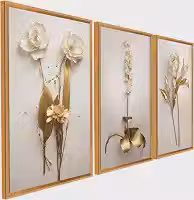 Quadro Decorativo 3 Peças Dourado Floral Branco Ouro Gold Sala Quarto Fácil Fixação com Fita Dupla Face